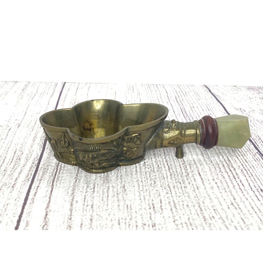 Vintage Antique Chinese Brass Silk Iron with Wood and Jade Handle China