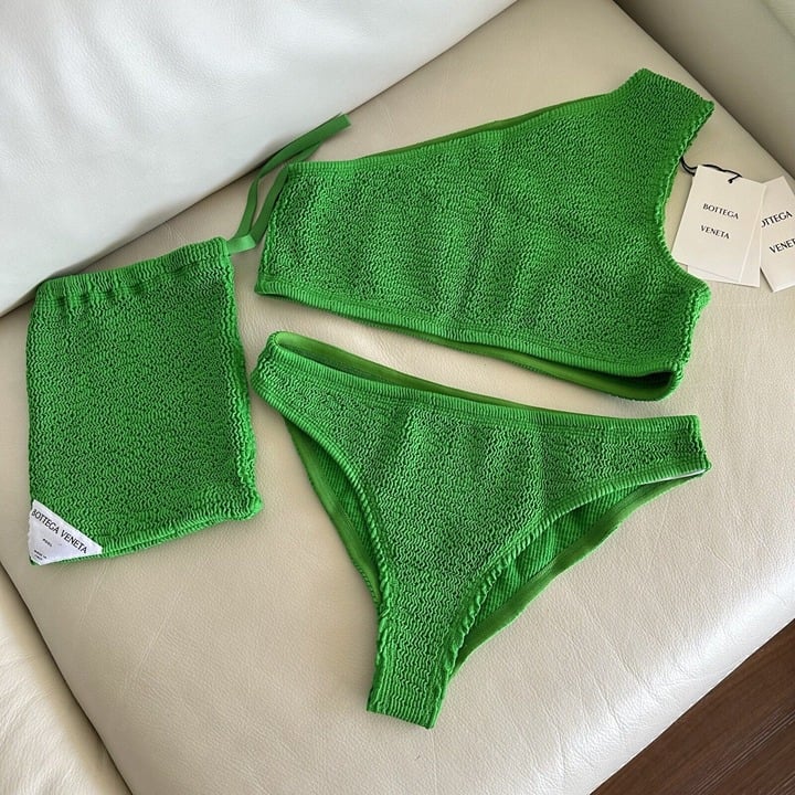 NEW BOTTEGA VENETA GREEN SWIMSUIT CRINCKLED One Shoulder Bikini Sz XS