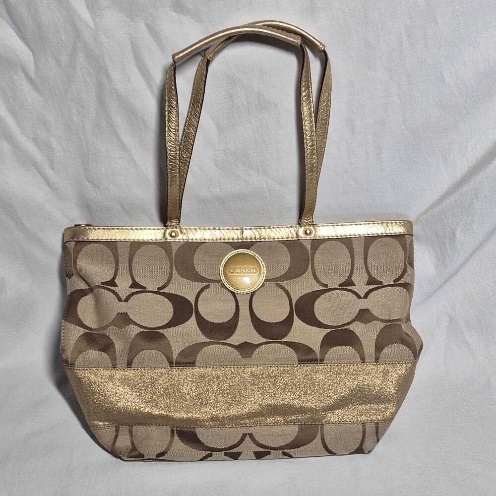 Coach Tan Brown Gold Monogram Shoulder Bag With Purple Lining