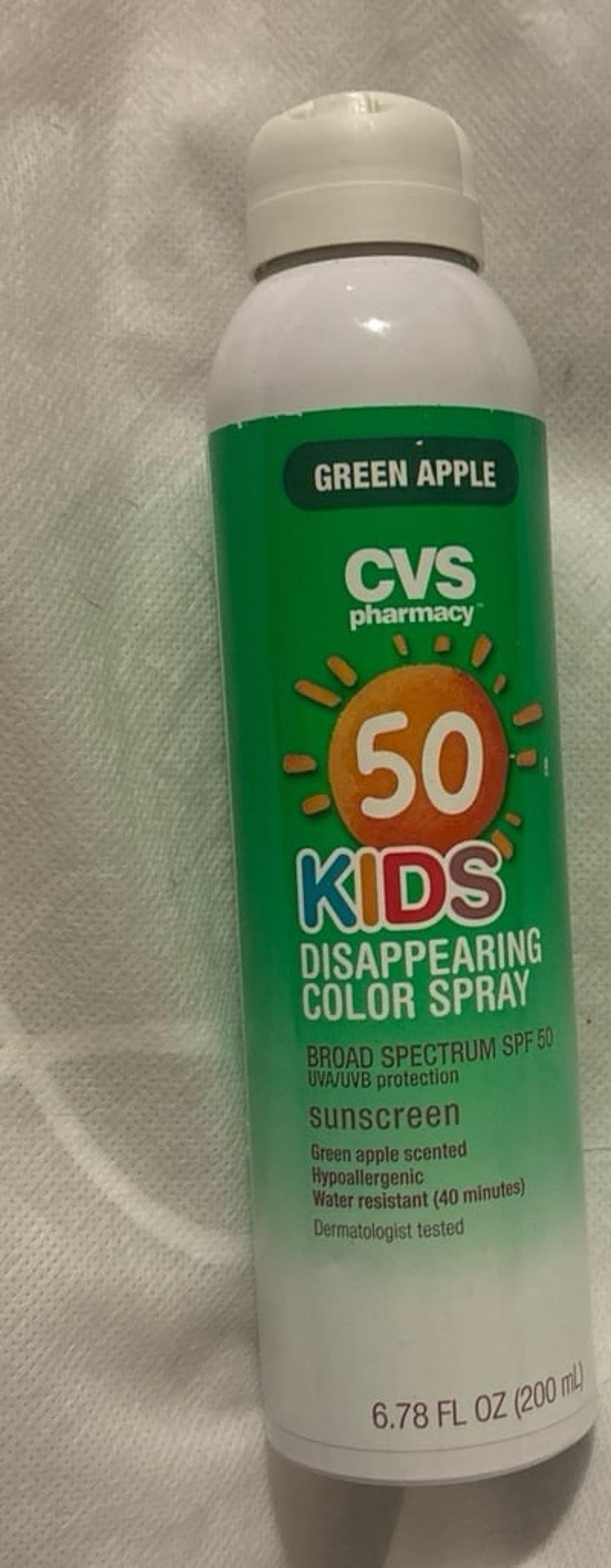 CVS Pharmacy Kids Disappearing Color Spray Sunscreen BS 50 green apple