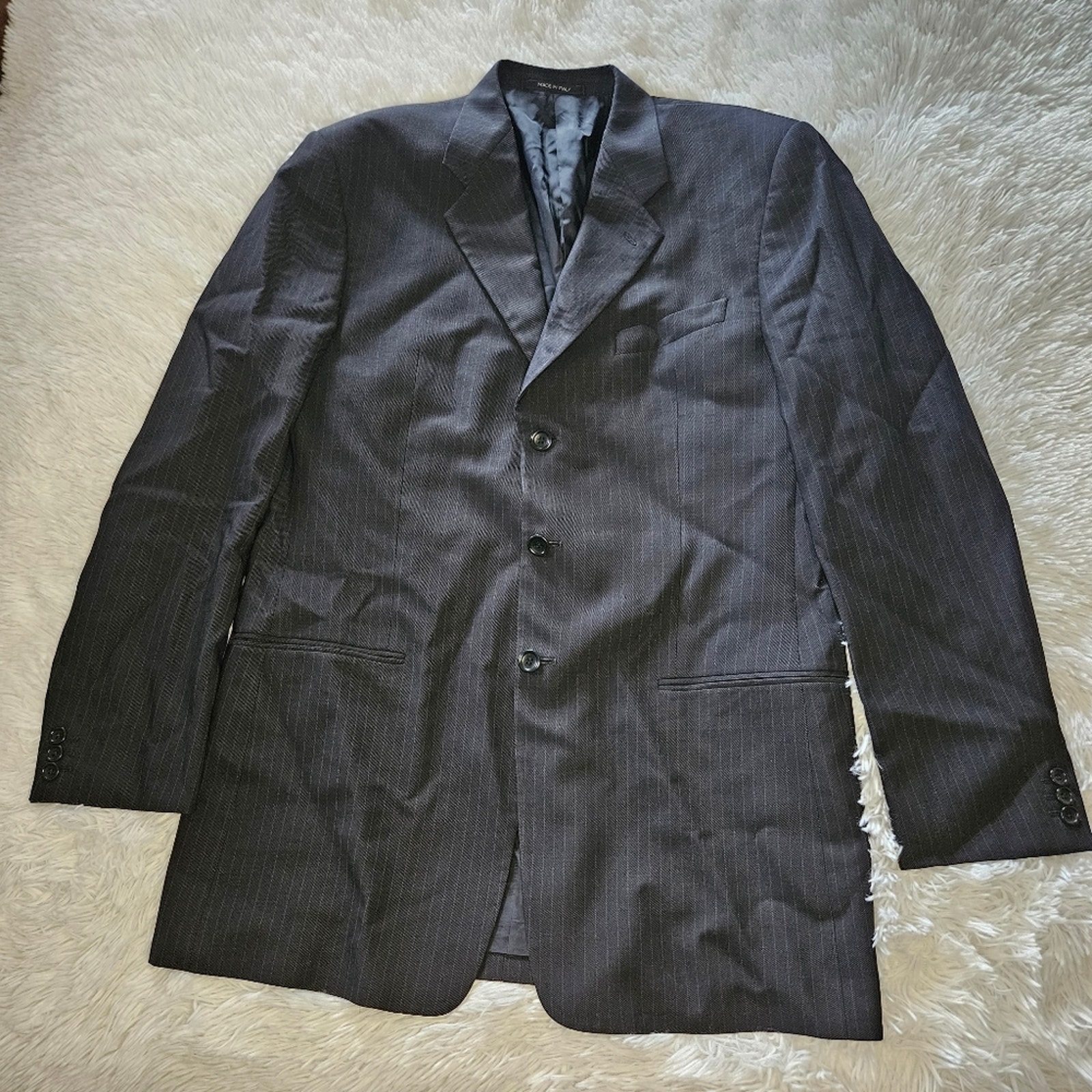 Armani Collezioni Made in Italy Men's Long Black Pinstripe Jacket Size 44XL