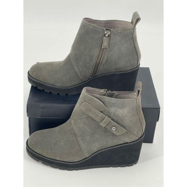 Eileen Fisher Bootie Wedge Women's Size 9 Suede Leather Gray Dark Moss Green