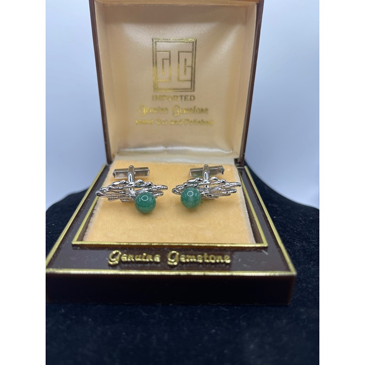 Vintage Alsten Cufflinks With Genuine Green Gemstones In Original Box