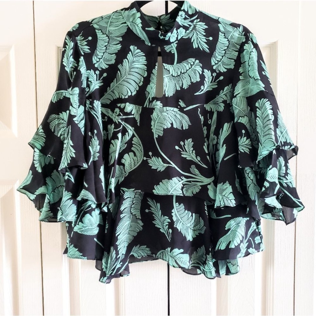 Cinq à Sept Black & Seafoam Ruffled Tiered Blouse Size XL