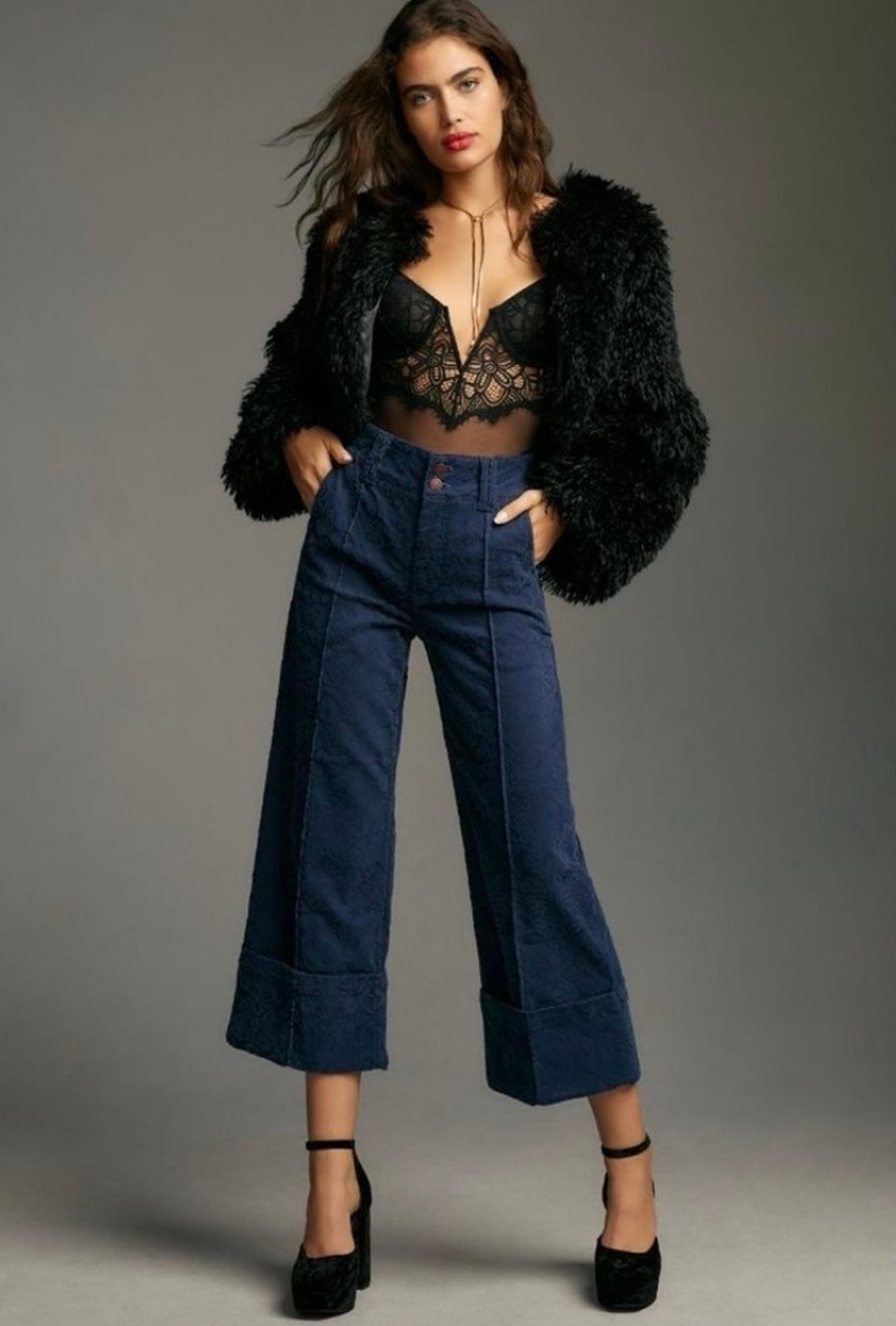 $130 NWT ANTHROPOLOGIE Pilcro Navy Lennox Cuffed Wide-Leg Pants size 26P 27P