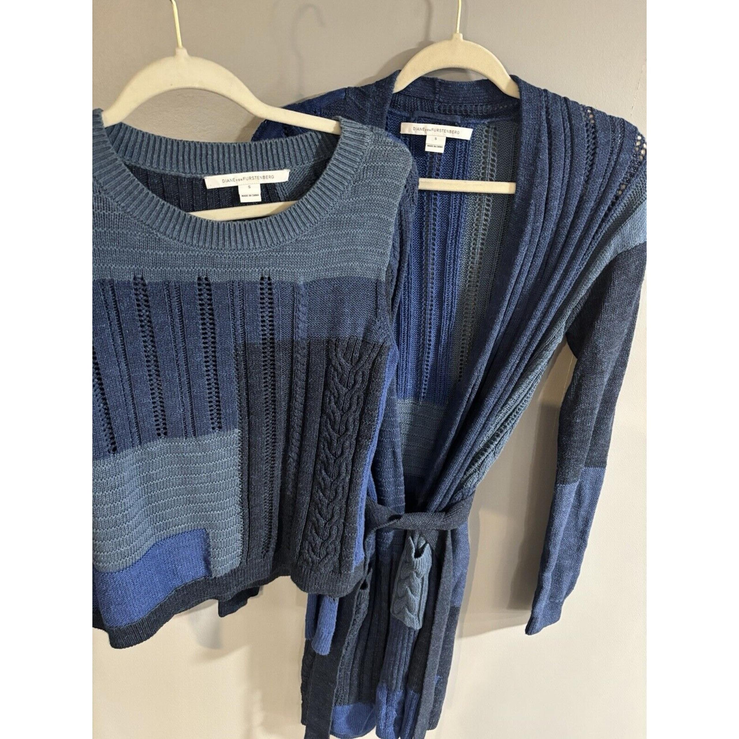 Diane Von Furstenberg Patchwork Sweater And Cardigan Set Blue Small Cotton