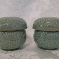 Pair of Celadon Porcelain 3 Piece Tea Caddy's Pot Jar Box Signed