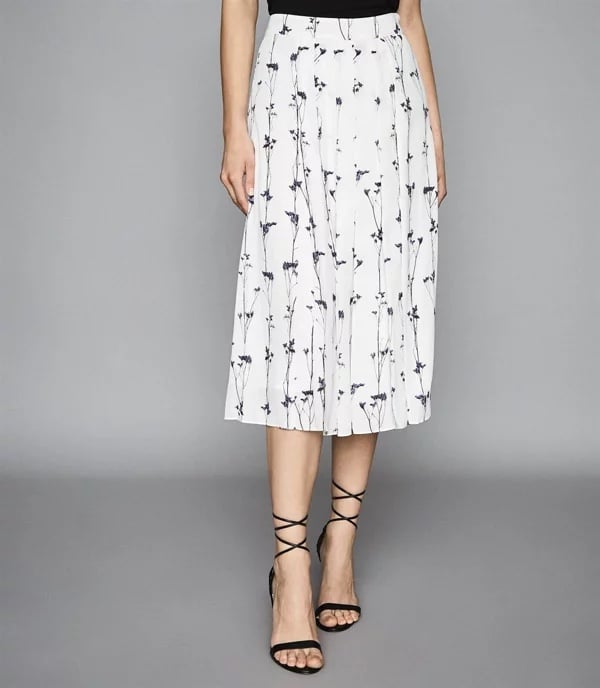 REISS Leona Floral Printed Pleated Midi Skirt