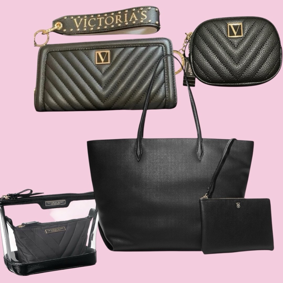 Victoria’s Secret LARGE TOTE BAG IN BLACK & ACCESSORIES 5 PIECE BUNDLE