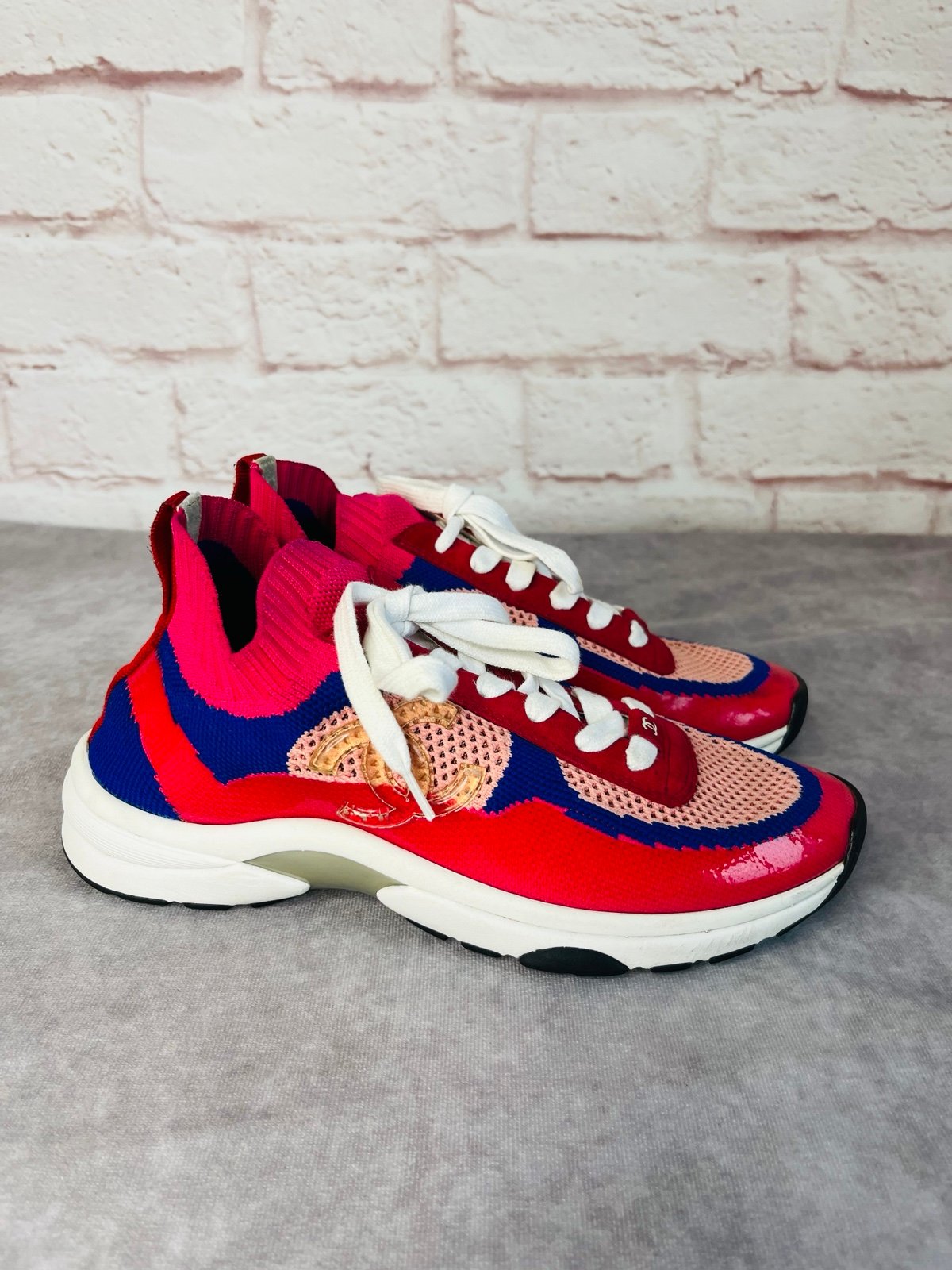 Authentic Chanel Multicolor Patent Low Top CC Trainers Pink Blue 38 IT