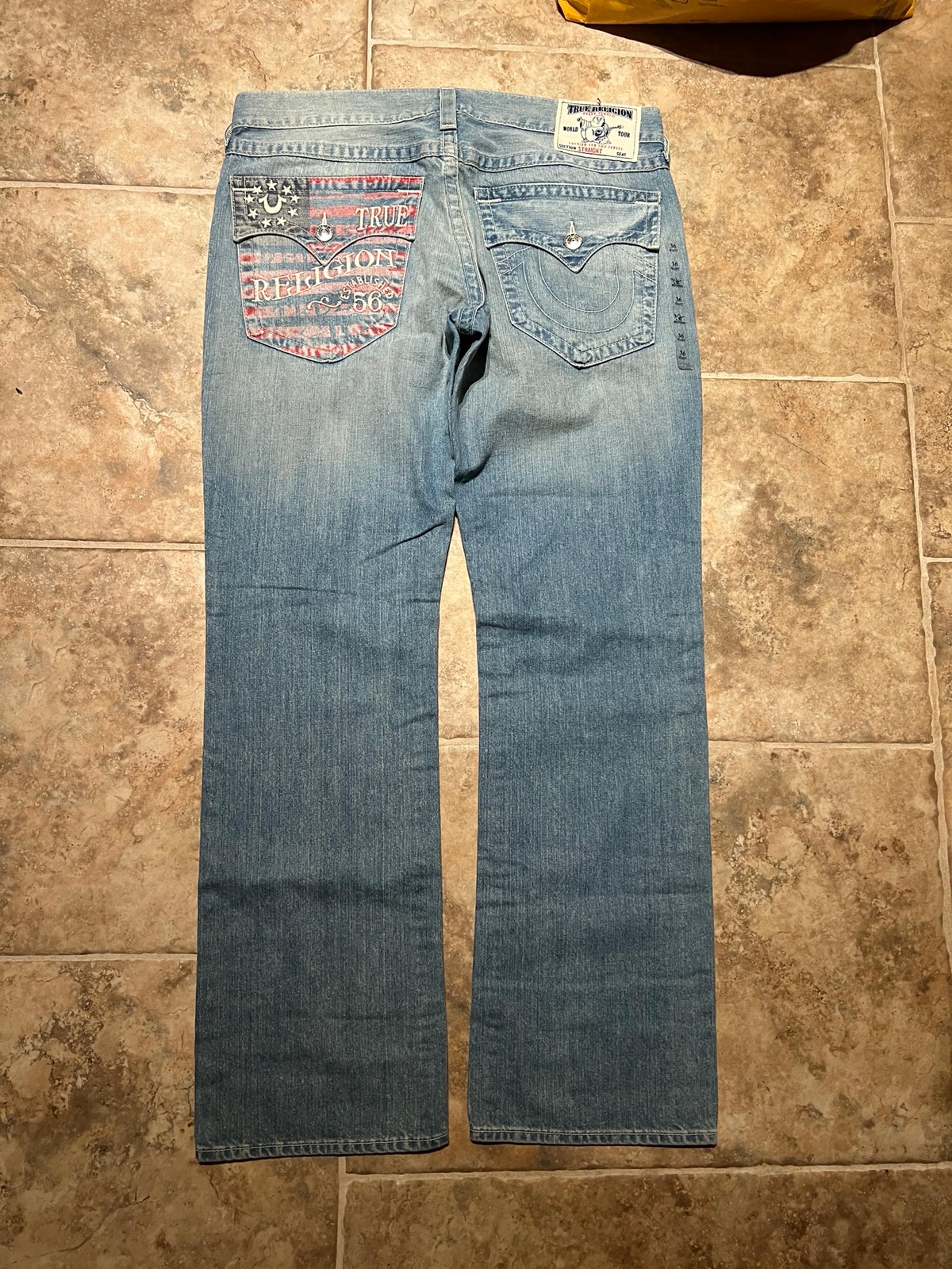 NWT MADE IN USA True Religion Jeans Mens 36x34 Blue Straight USA Flag Wide Leg