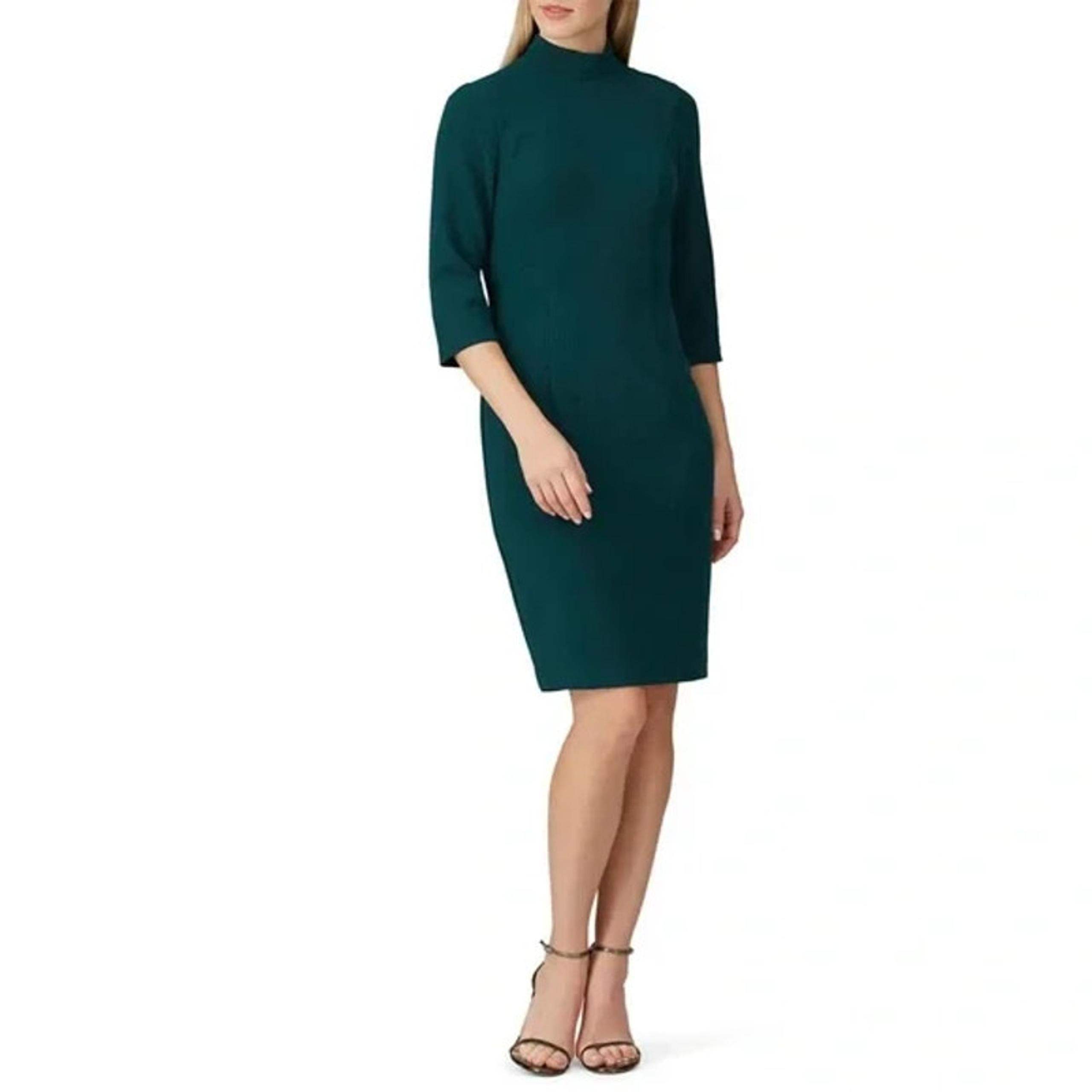 Black Halo Dress Womens 8 Kavita Sheath Green High Neck 3/4 Sleeve Knee Length