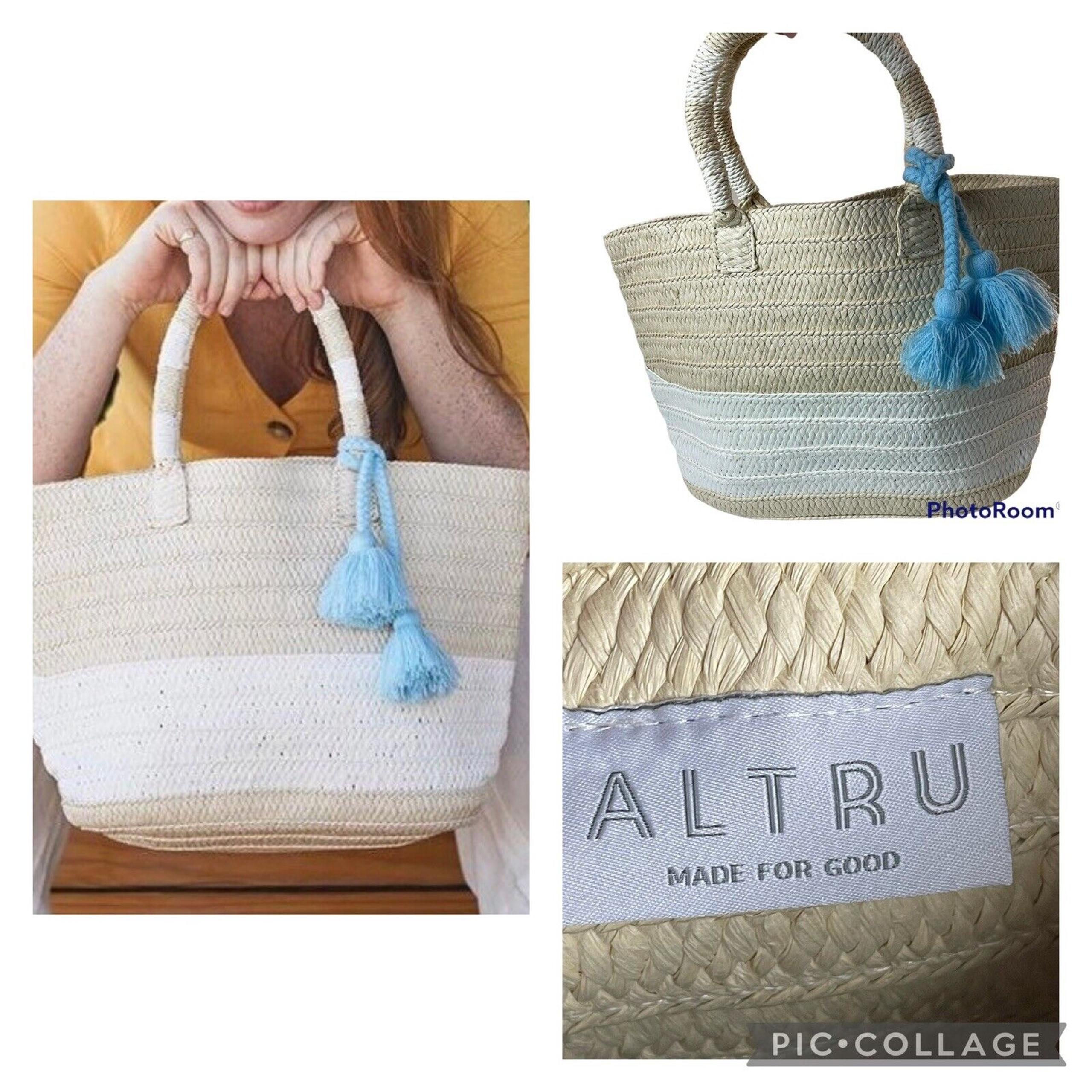 Altru Straw Tote Bag Purse 16" X 10" Tan White Double Handle Pom Pom Accent