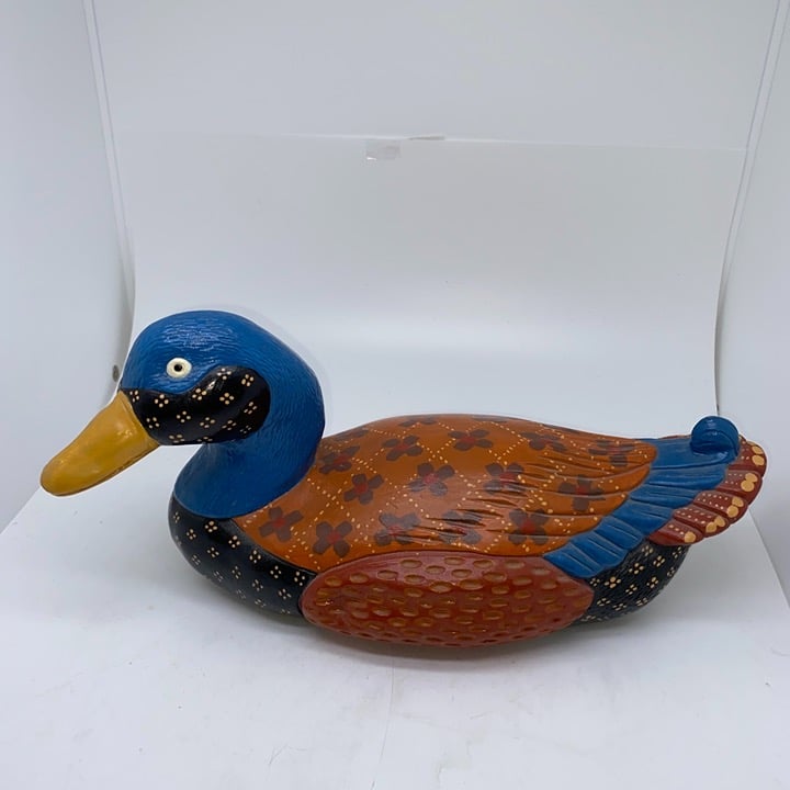 Vintage Folk Art HandbPainted Ceramic Duck Signed 11.5 “ long