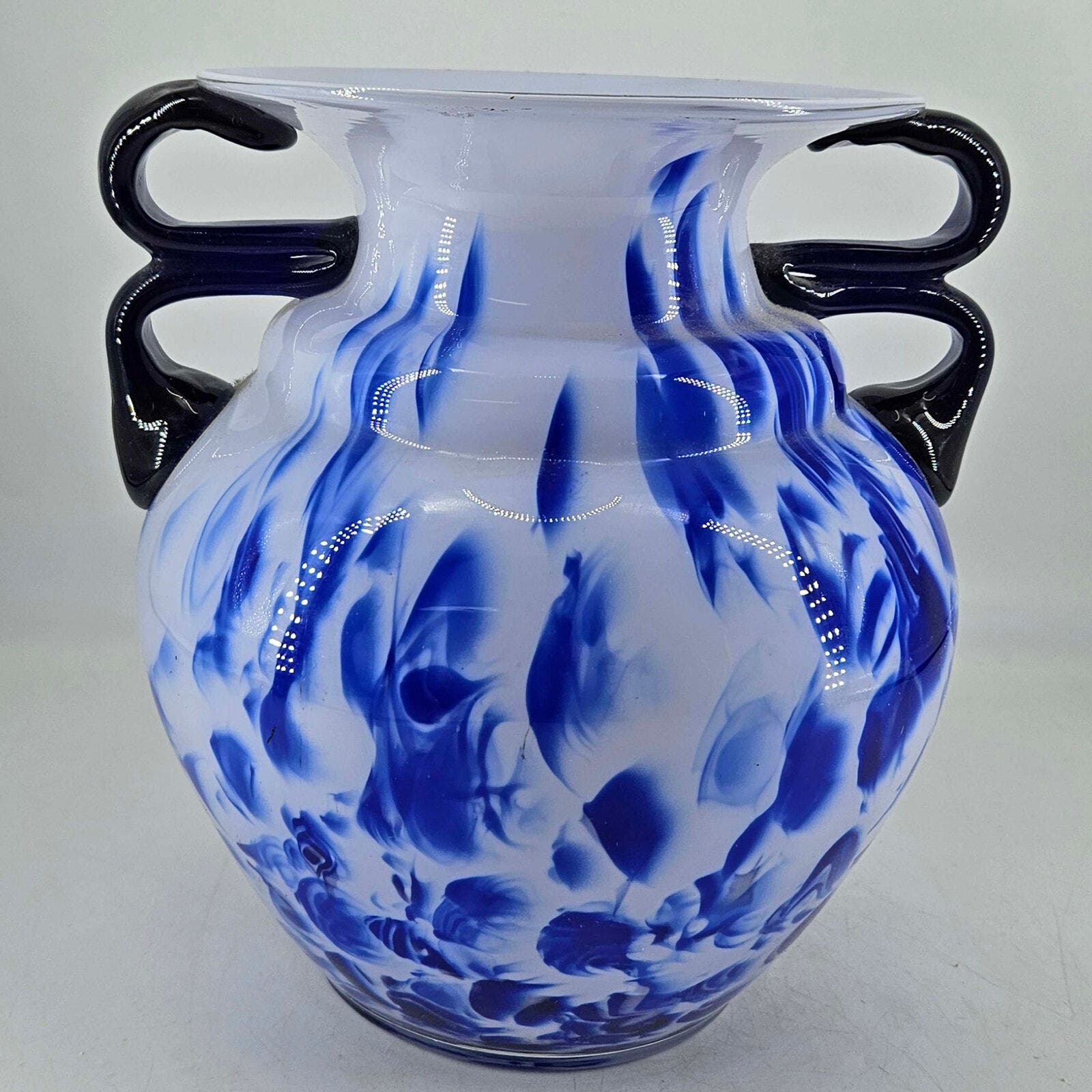 Hand blown art glass White Cobalt blue vase w applied handles