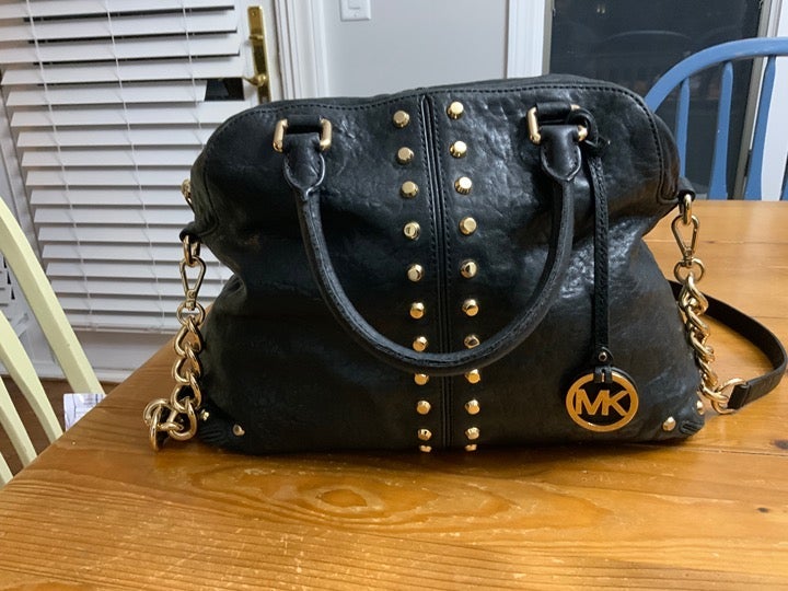 Michael Kors Black Leather Satchel Purse- Gold hardware, Rivets