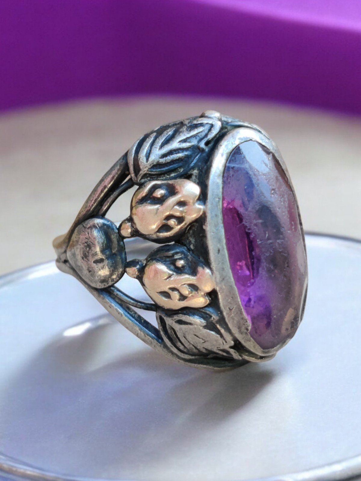 Size 4 antique art nouveau sterling and 12k gold amethyst ring