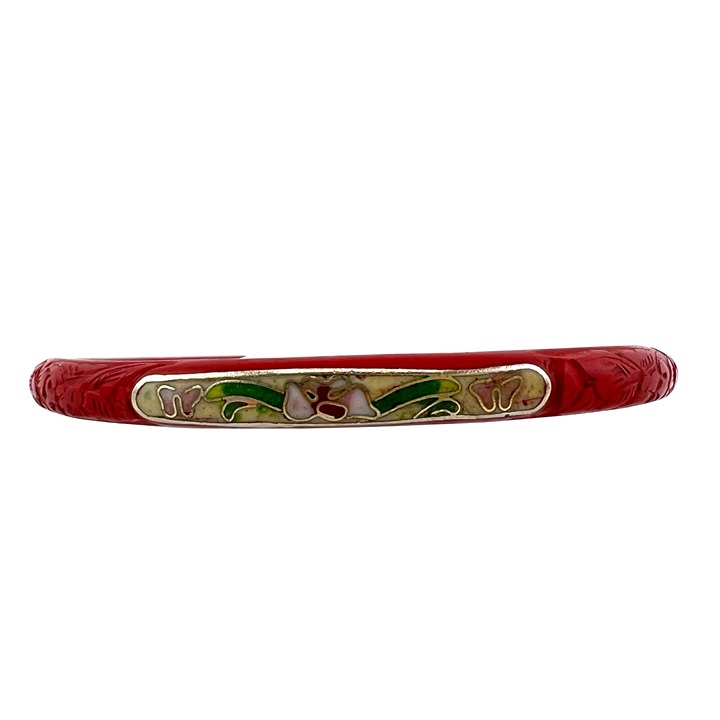 Vintage Cinnabar Bangle Bracelet With Red Cloisonné Panels