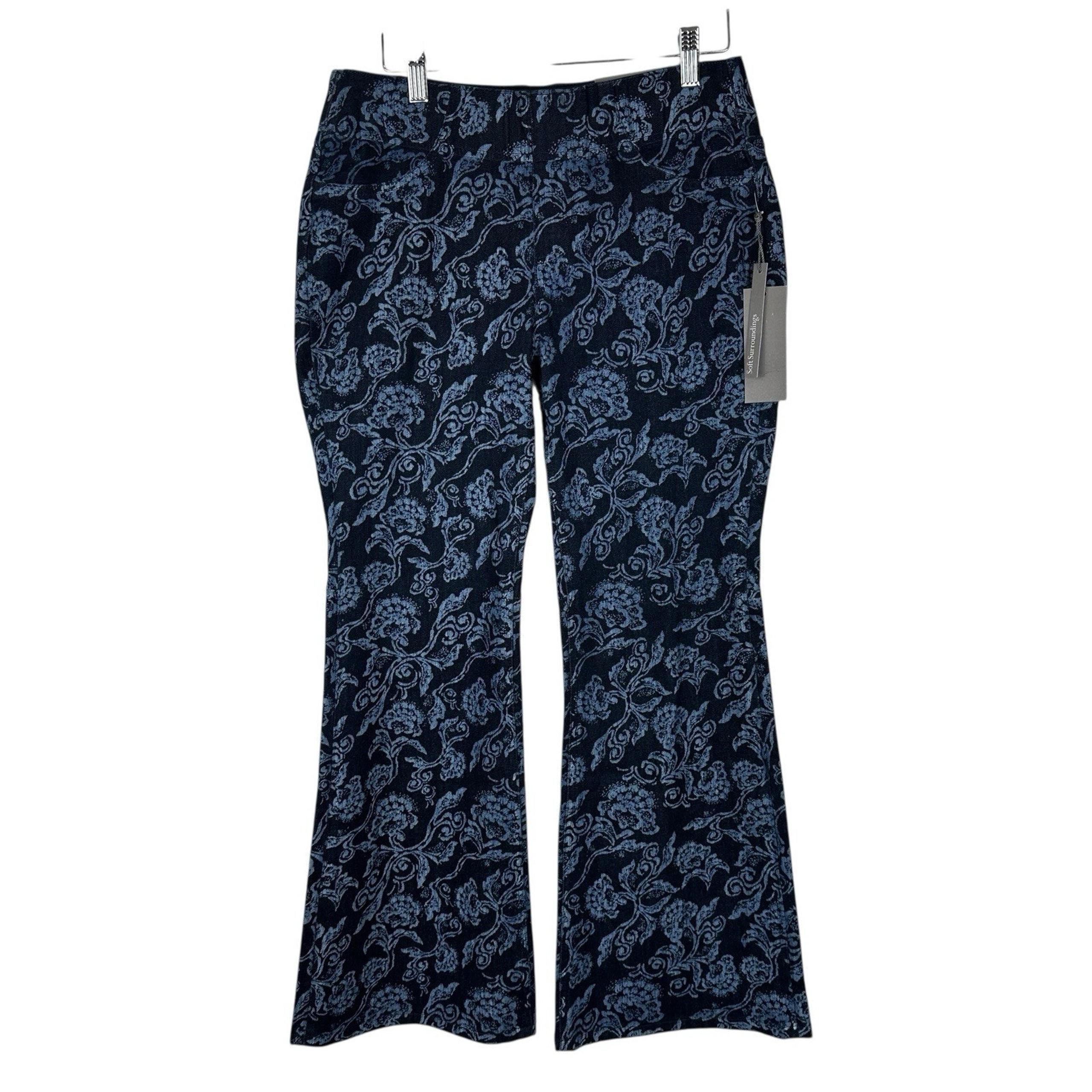 Soft Surroundings Pull On Flare Jeans Small Petite Blue Paisley Boho Soft Denim