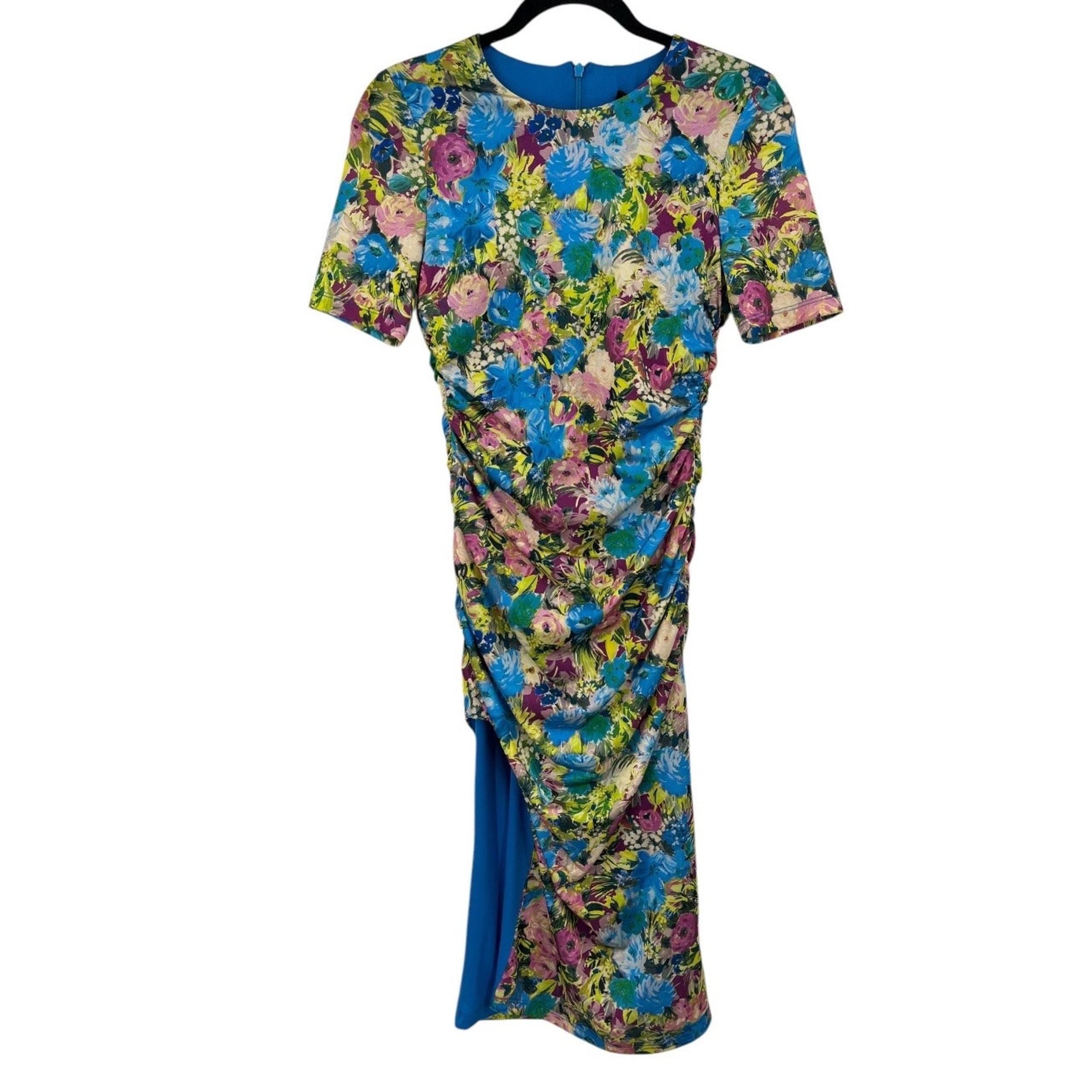 Black Halo dress Delina floral print ruched midi sheath size 2