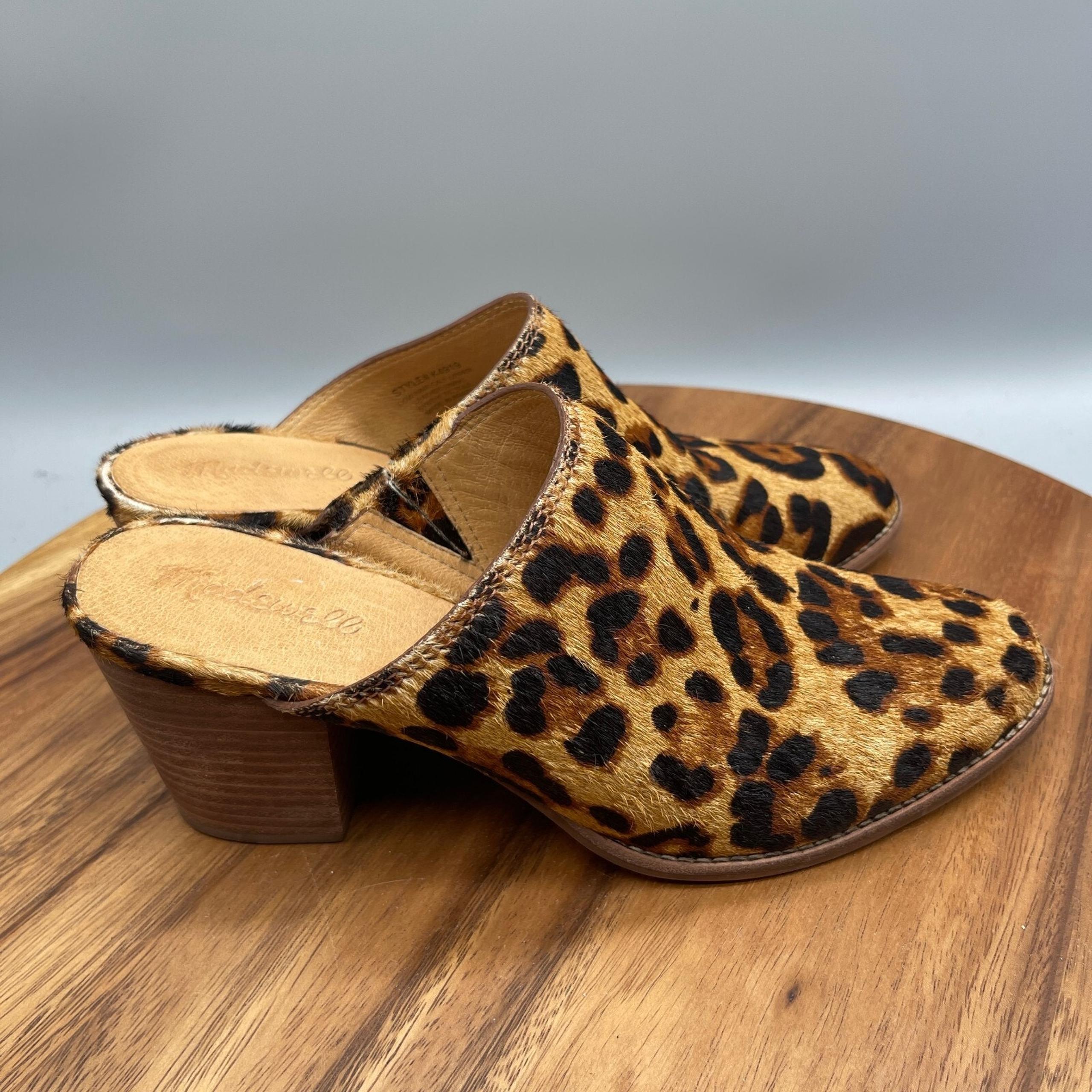 Madewell Mules Womens Size 8.5 Leather Leopard Print Calf Hair Casual Shoes