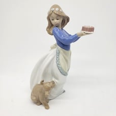 Nao By Lladro Puppy's Birthday #1045 Dog and Girl with Cake. Excellent Condition