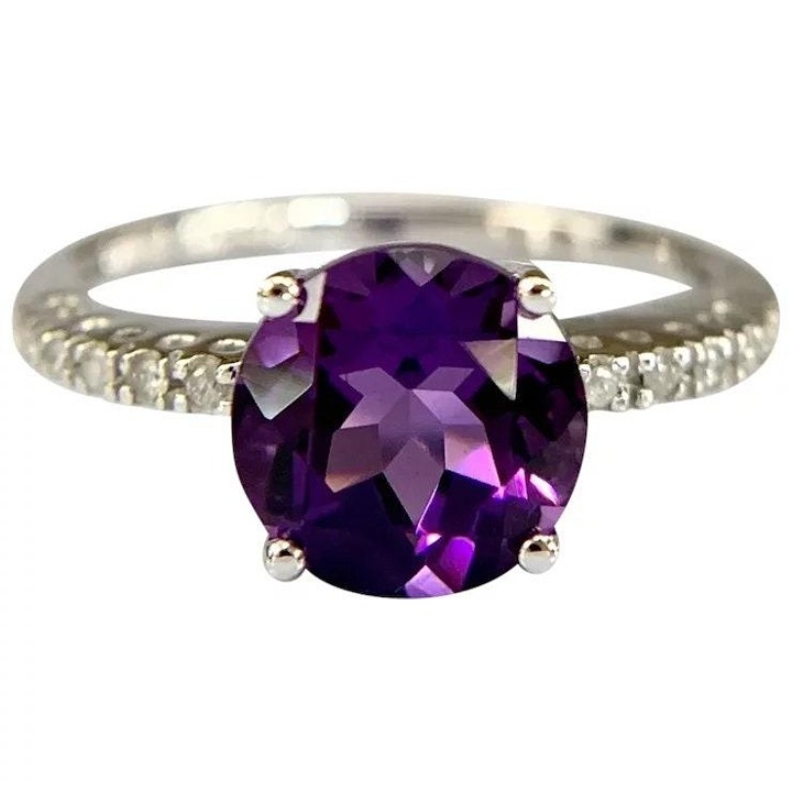 4.05Ct Natural Round Purple Amethyst & Diamond Solitaire Ring 14k White Gold