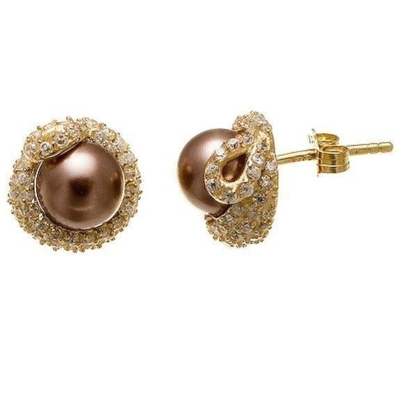 New Gold Sterling Pearl CZ Stud Earrings