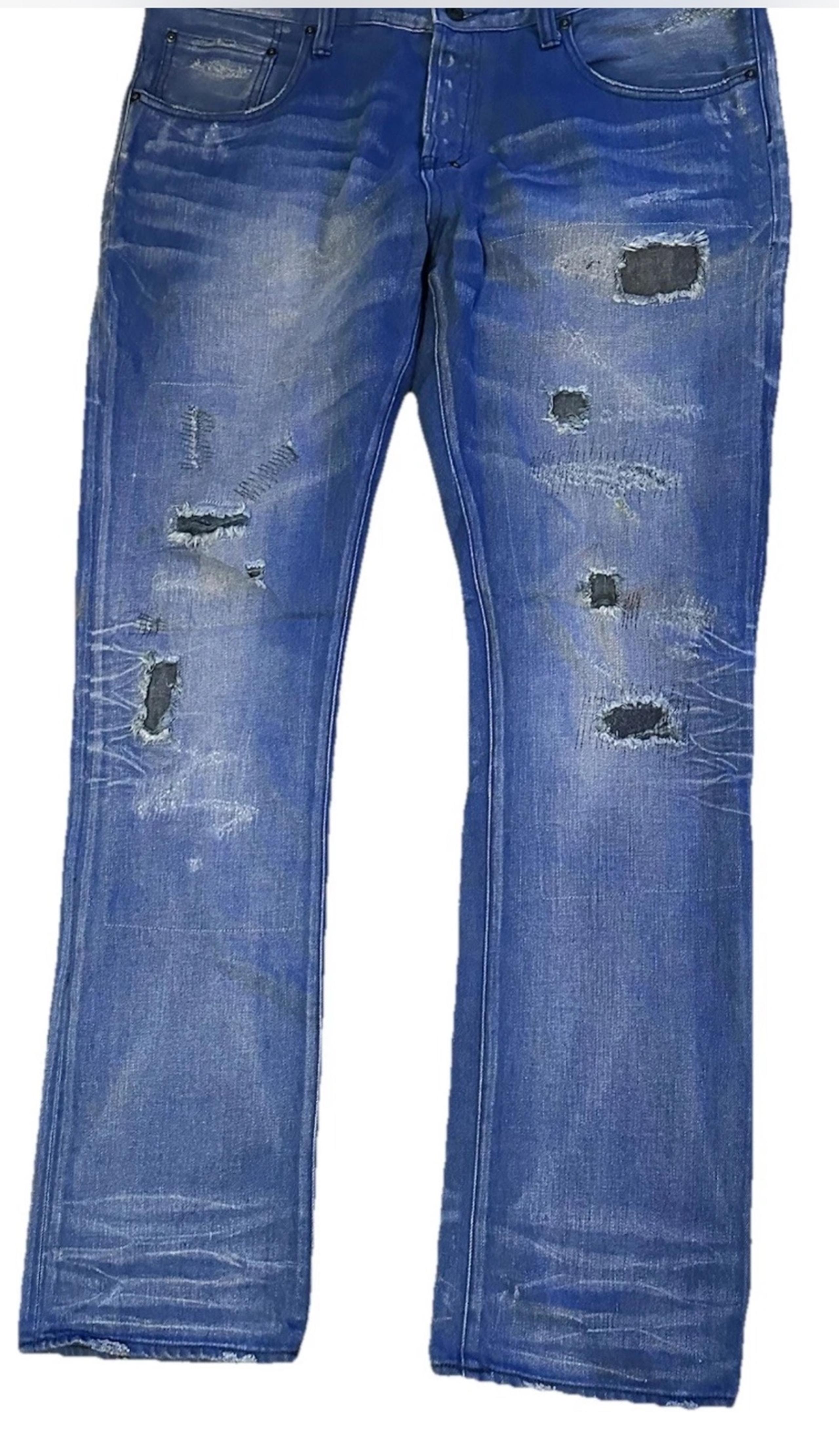 Mens PRPS Destroyed Distressed Patched Light Wash Straight Jeans 40 x 36 1/2