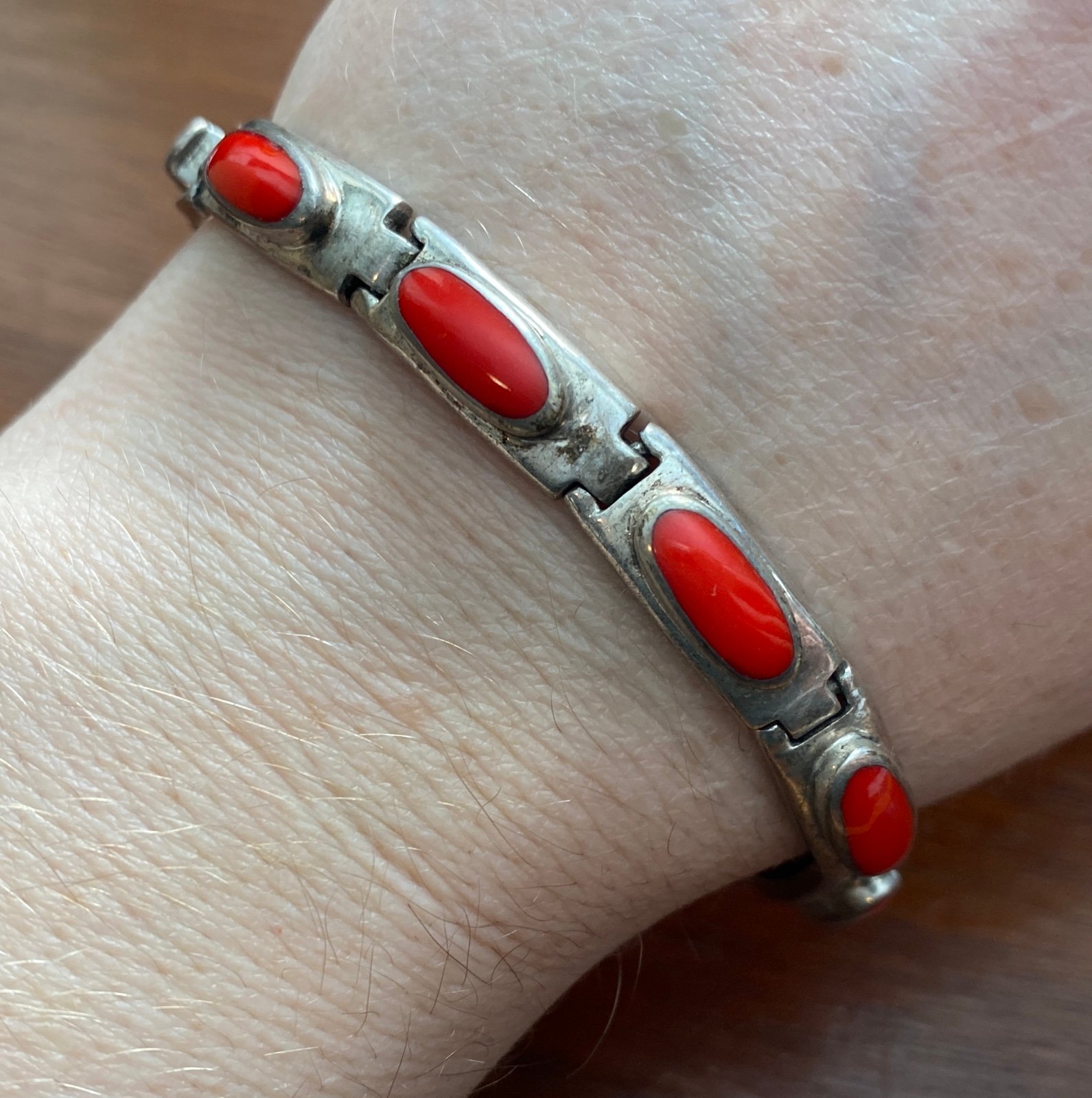 Sterling Silver 925 Red Coral Bracelet 7 3/8 Long