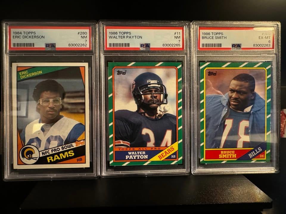 1984-86 Topps Football Eric Dickerson RC, Bruce Smith RC, Walter Payton PSA