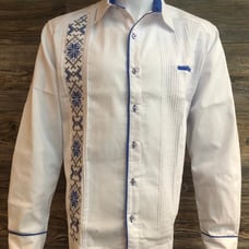 Mexican Guayabera Shirt Linen Blue Embroidery Long Sleeve