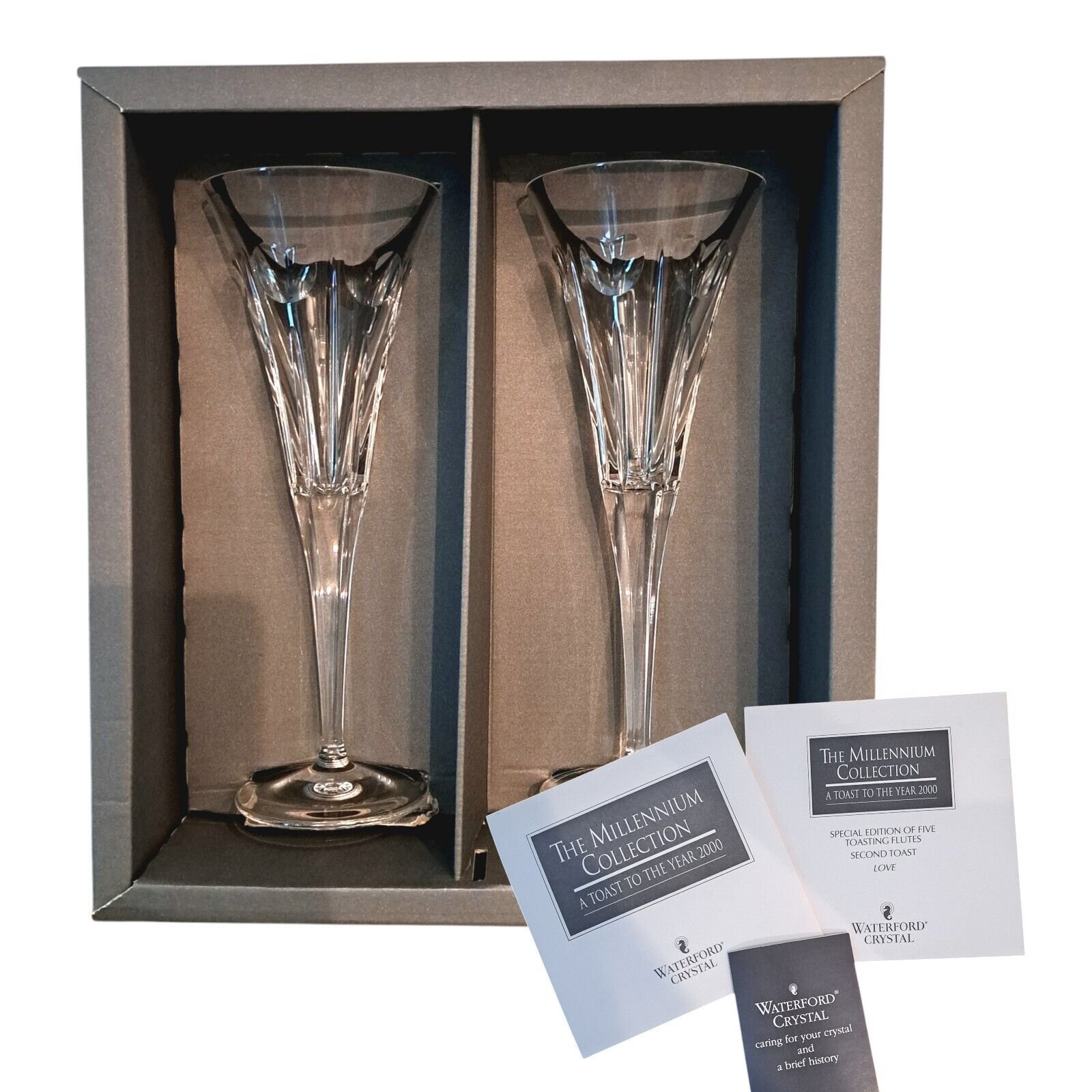 WATERFORD MILLENNIUM “LOVE” Pair of Cut Crystal Champagne Toasting Flutes He