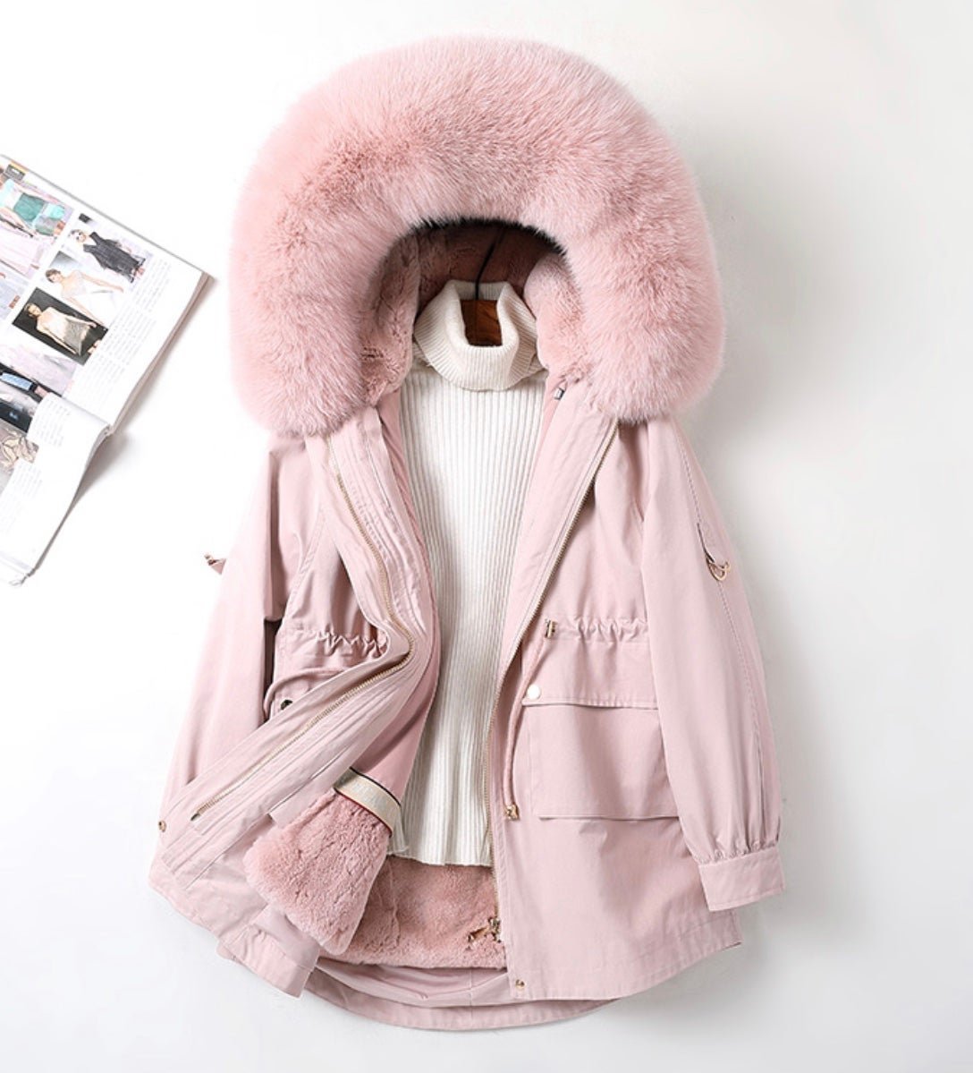 Coat Size large Women Parka Pink Faux Fur Hood New Down Thick Warm Winter