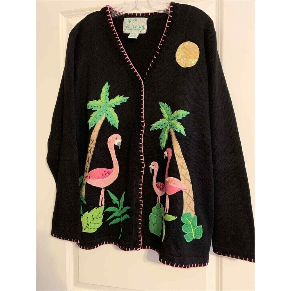 The Quaker Factory Black Flamingo Palm Tree Cardigan Sweater Tropical Vtg Size L