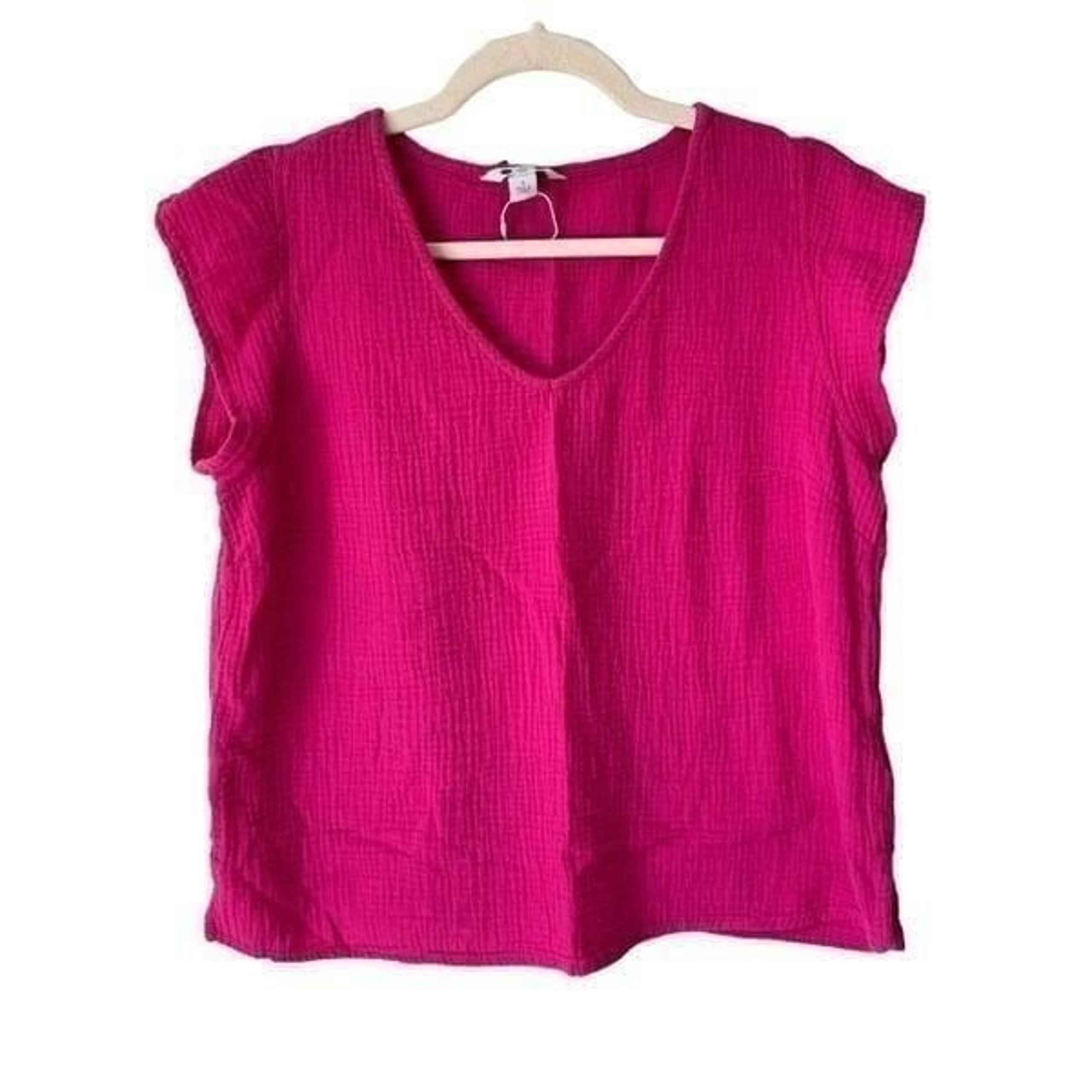 1359 Three Dots Hot Pink Short Sleeve 100% Cotton Gauzy Blouse Size Small