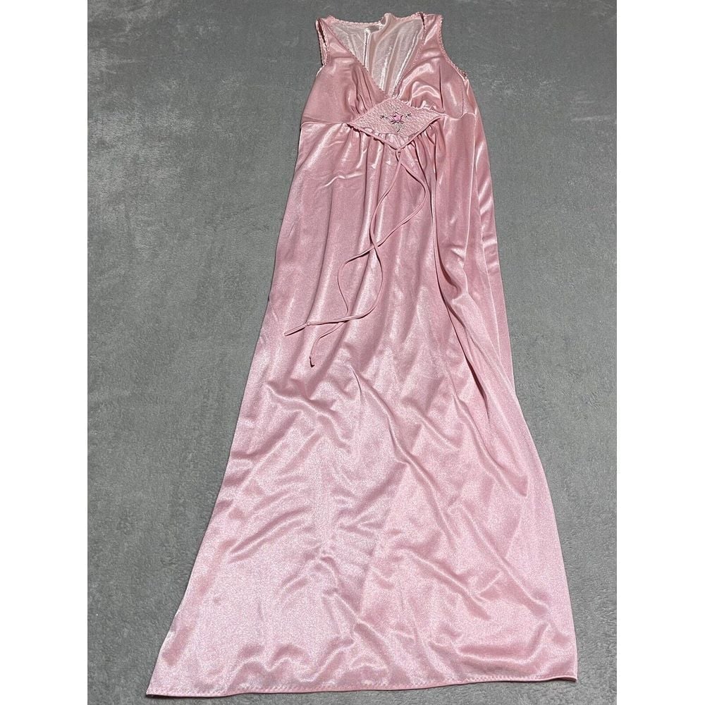 Vintage 70s Nightgown Pink Sheer Long Maxi Floral Embroidery Coquette