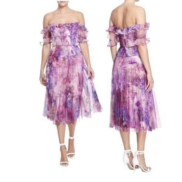 Marchesa Floral Off The Shoulder Tea Length Pleated Chiffon Dress Mauve Pink 2