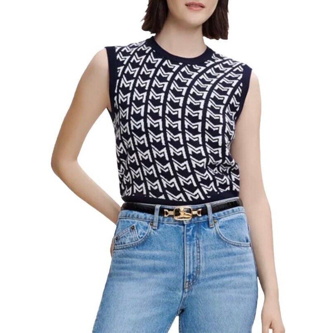 Maje Monoly Geometric Motif Jacquard Knit Cropped Sweater Vest Size Small