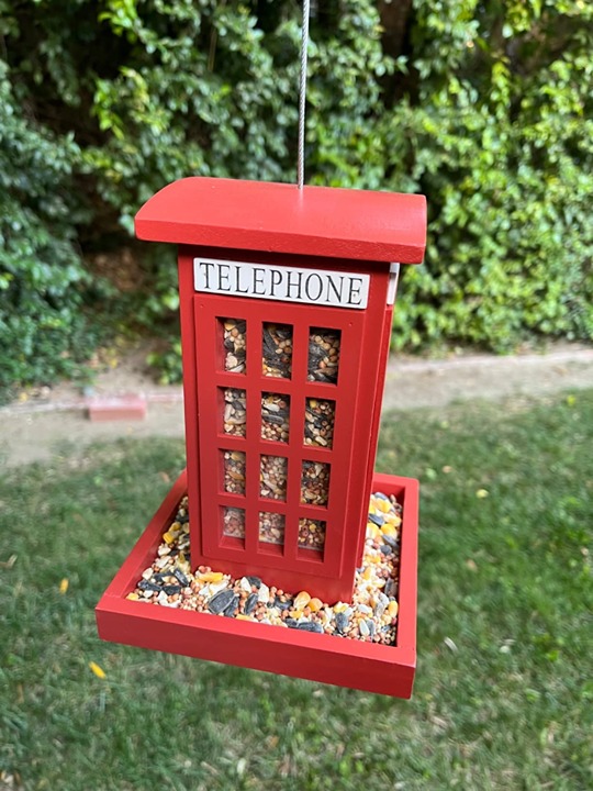 NEROSUN Wooden Hanging Wild Bird Feeders for Outside, Red British Phone Booth Bi