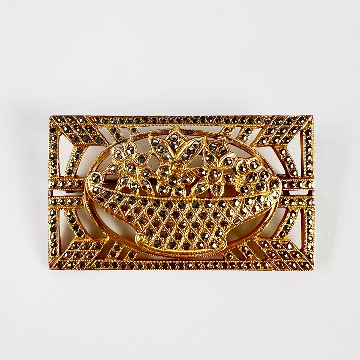 Vintage Art Deco Harry Iskin Gold Filled Floral Basket Marcasite Pin Brooch