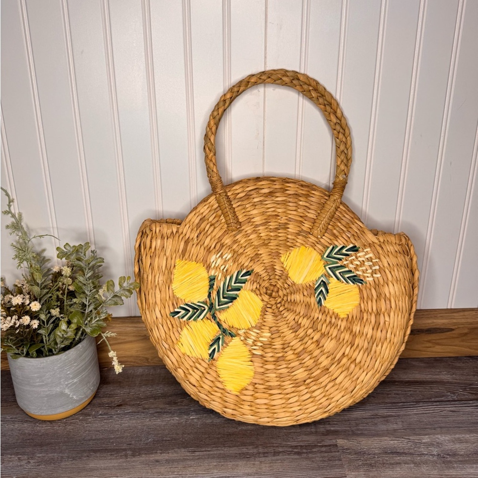 J Jill Lemon Braided Market Woven Rattan Basket Circle Round Purse Handbag NWT