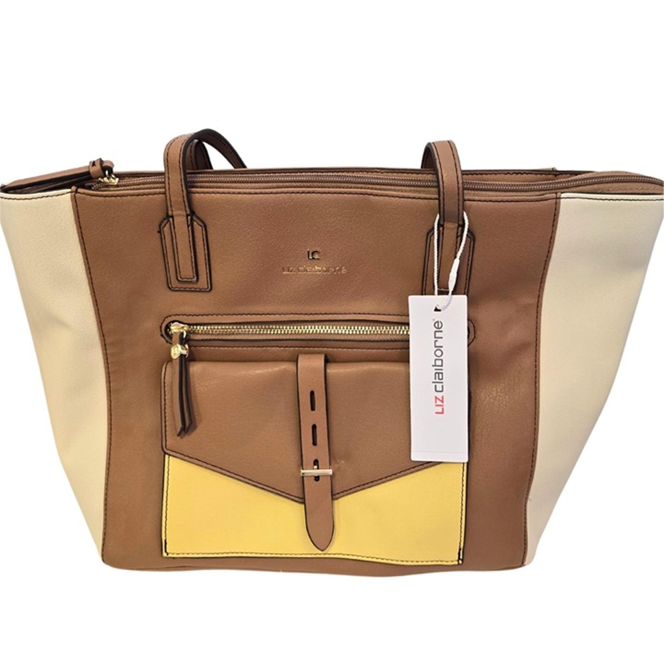 Large Tote Bag Faux Leather Brown & Cream With Yellow Accents NWT - Liz Claiborne