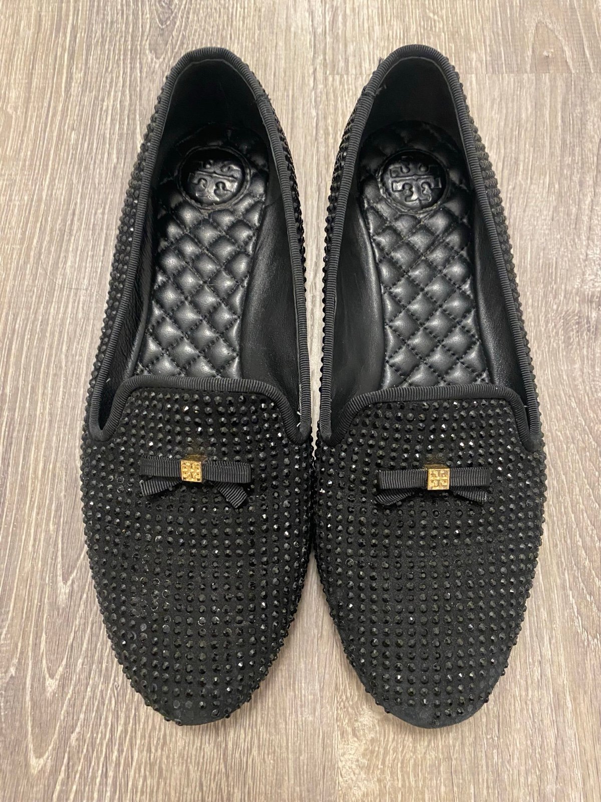 Tory Burch Black Crystal Embellished Chandra Smoking Loafer Flats Sz 9