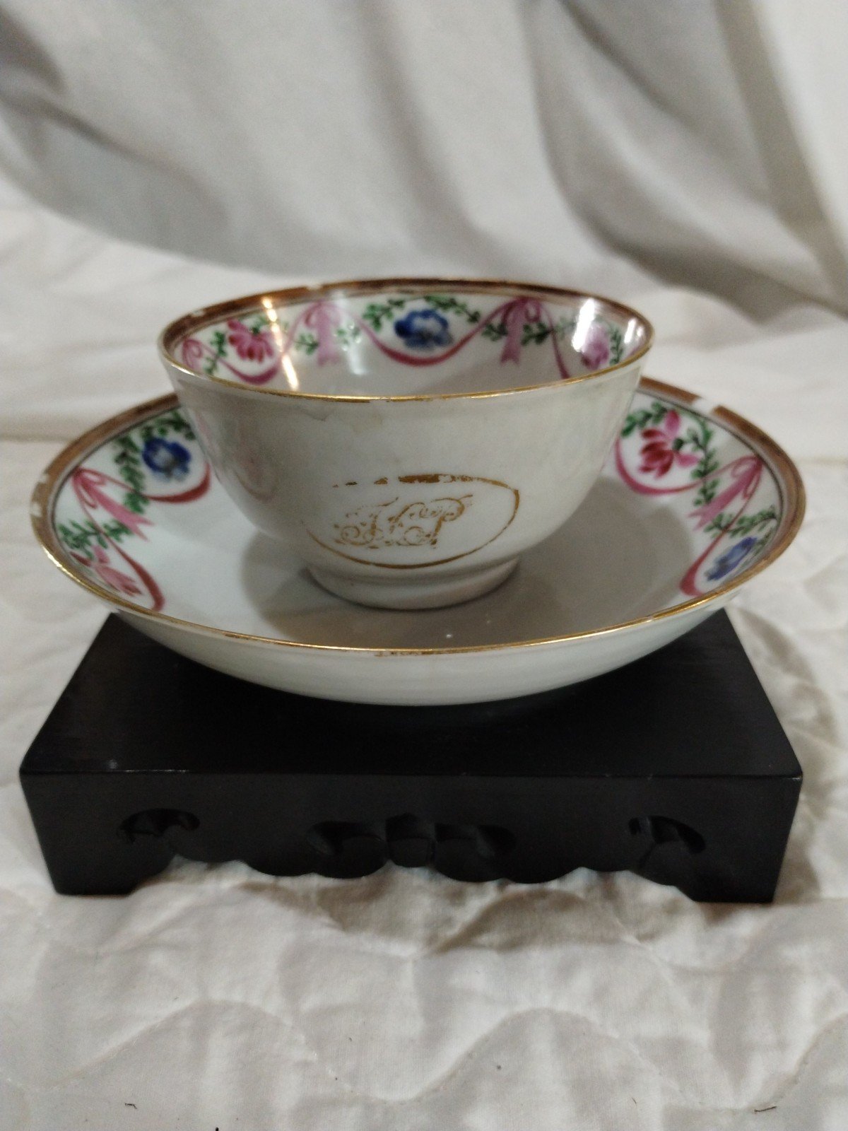 18th Century Monogrammed Chinese Cup and Saucer Qinlong period