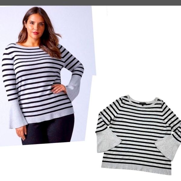 Lane Bryant Gray Black Striped Long Bell Sleeve Boat Neck Sweater