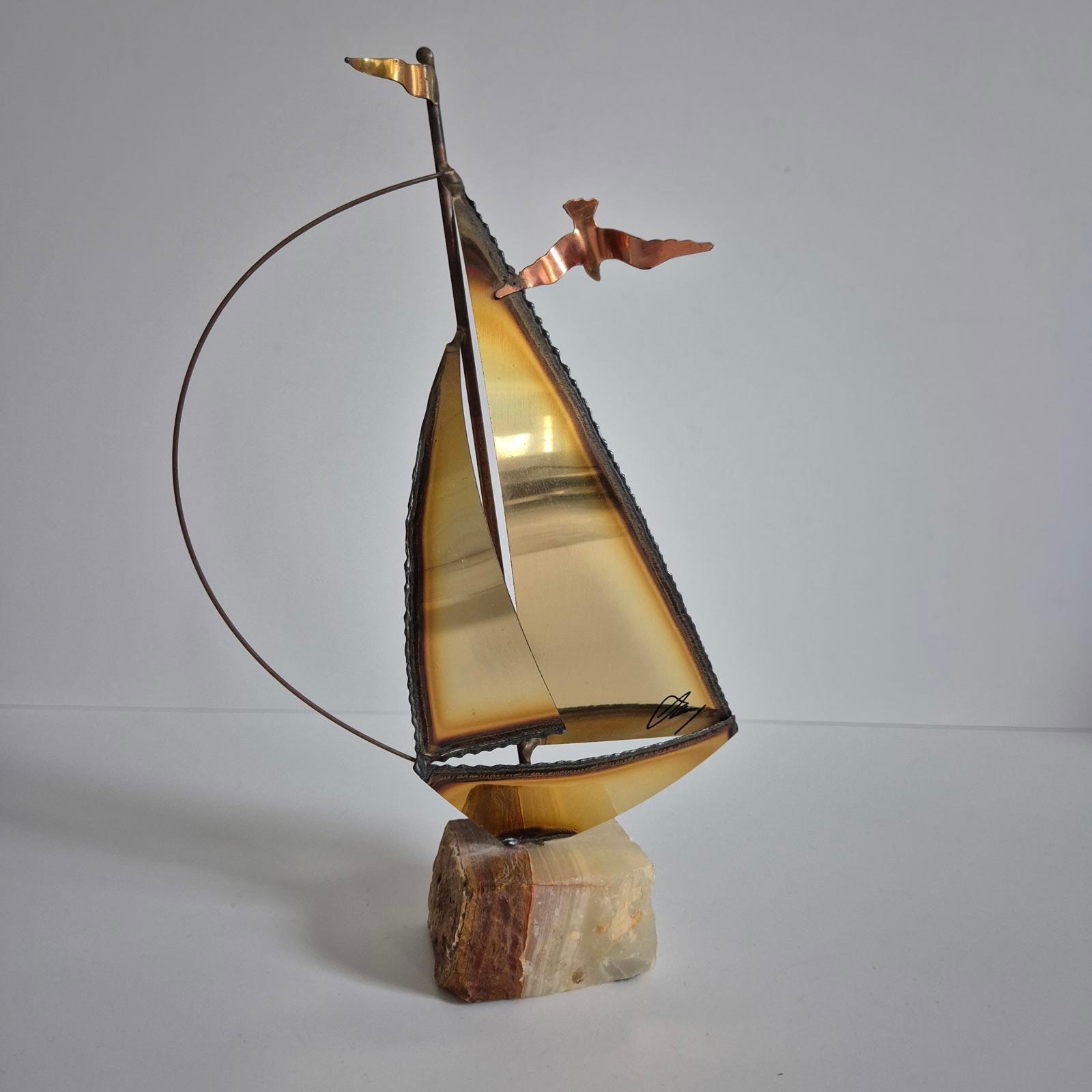 Curtis Jere Inspired Sculpture Signed Vintage Brass Sailboat