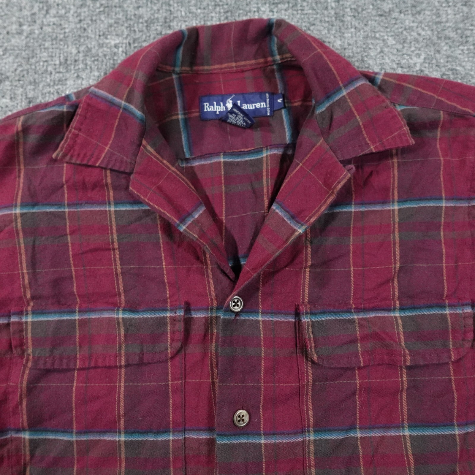 Vintage Ralph Lauren Shirt Womens 4 Red Plaid Flannel Loop Collar Button 13422