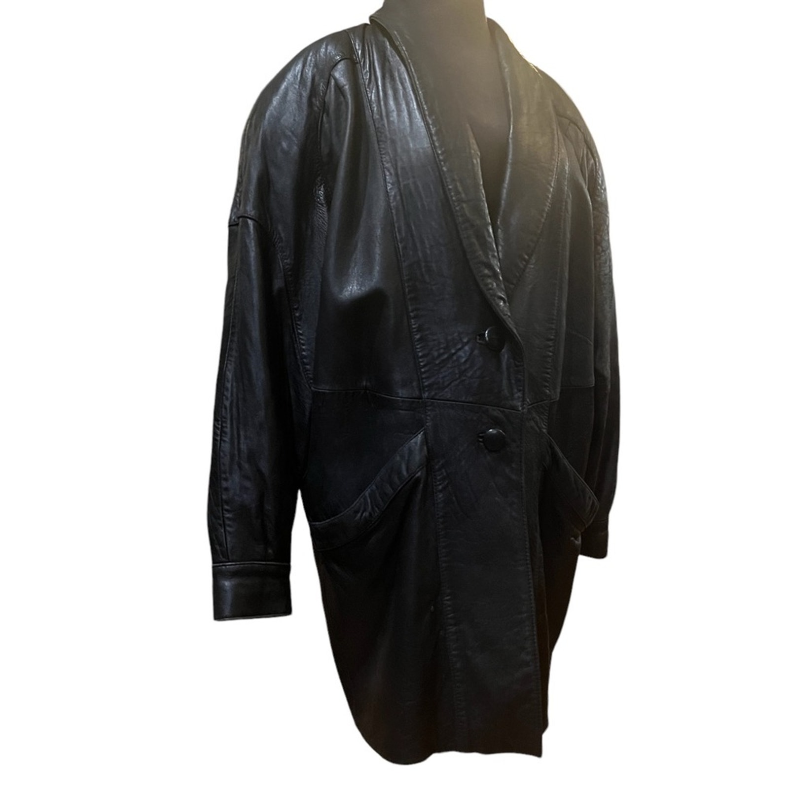Vtg 80s A.D.A Oversized Black Mid Length Leather Coat