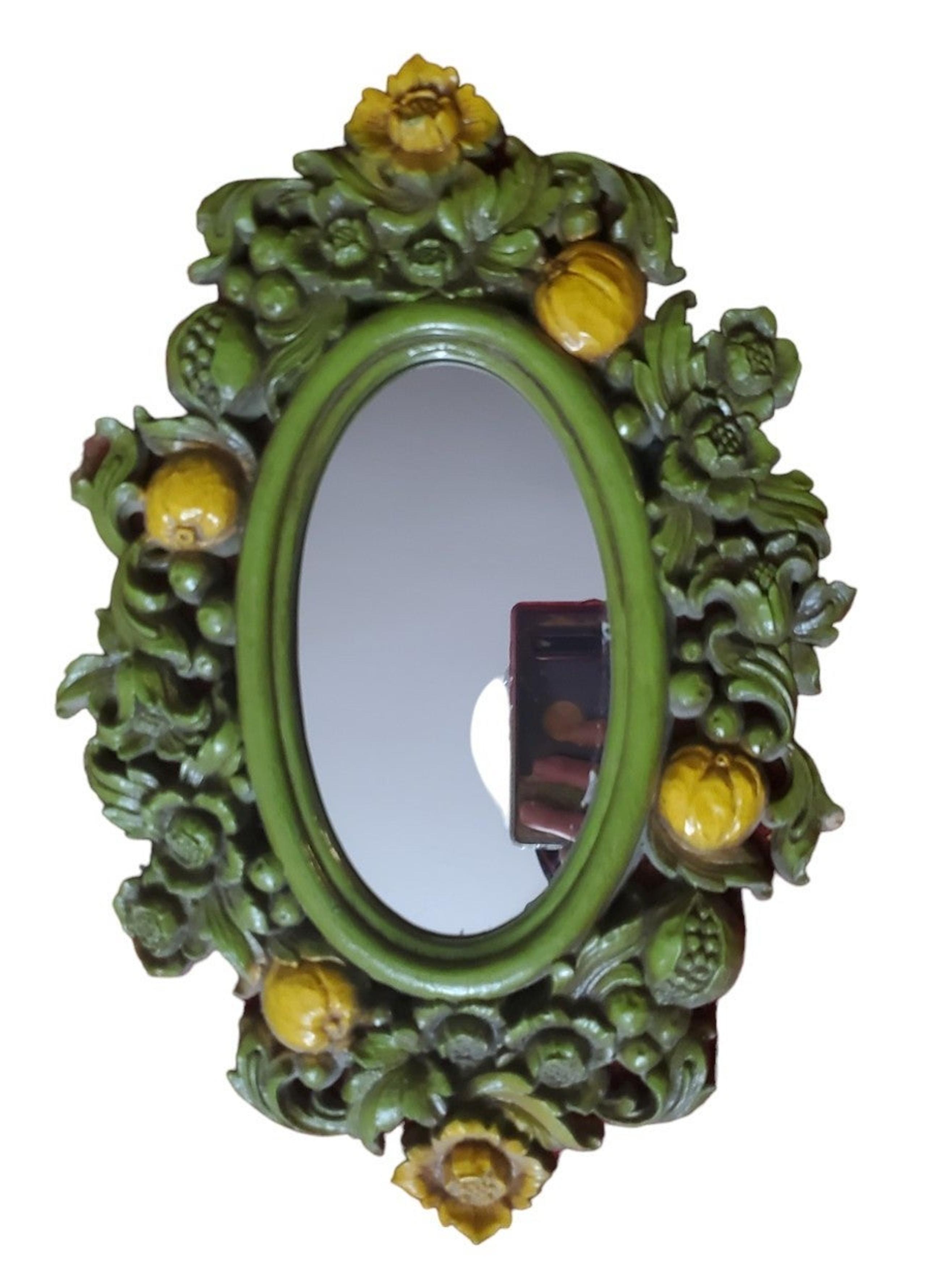 Vintage Mid Century Syroco USA Oval Mirror Green Yellow Flowers Floral Resin USA
